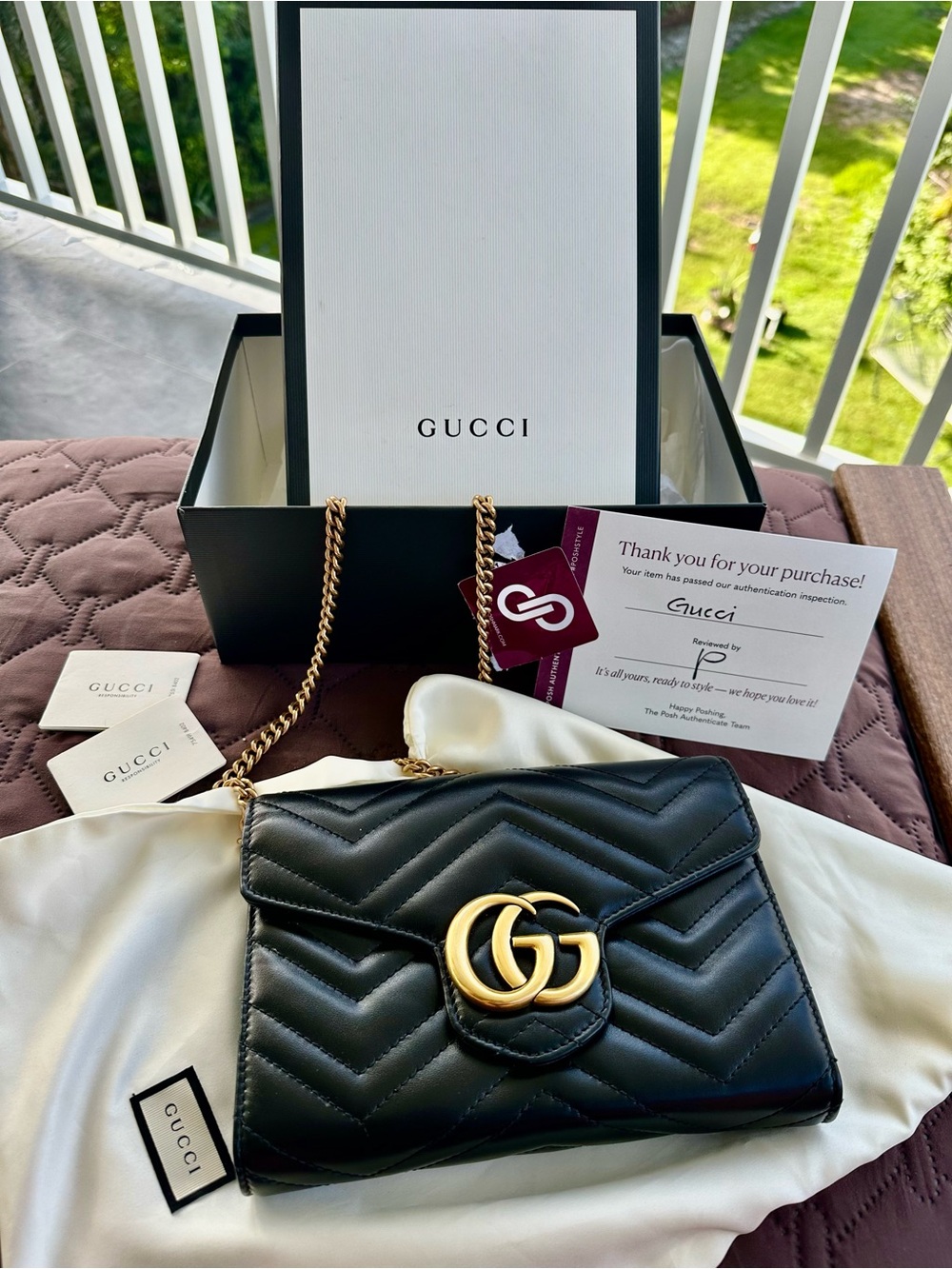Gucci Black Leather GG Marmont Quilted Chain Wallet